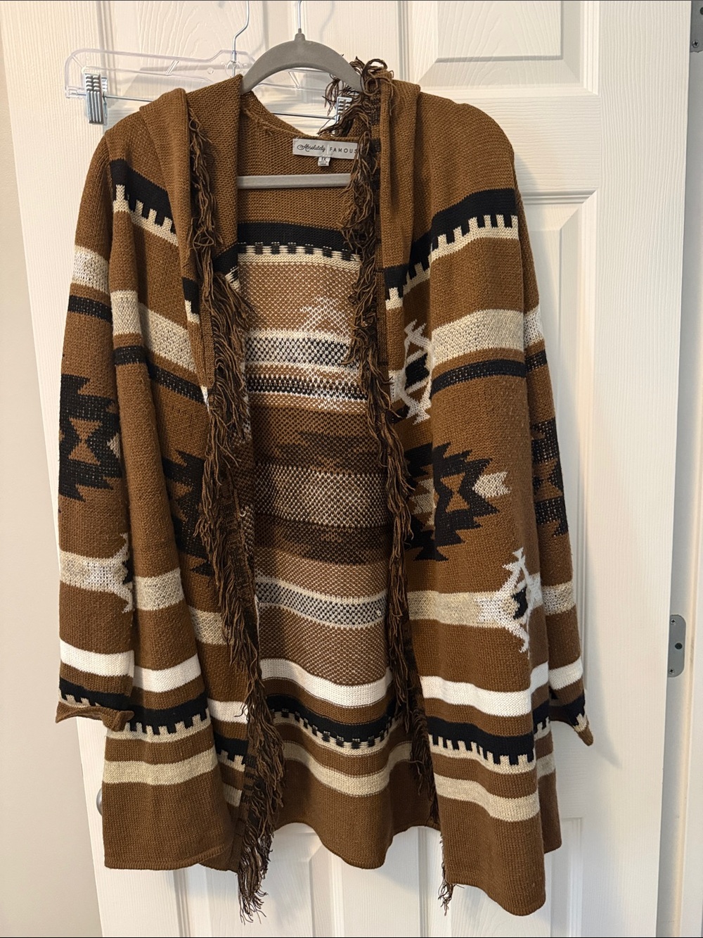 Absolutely Famous Brown Aztec Hooded Cardigan with Fringe
